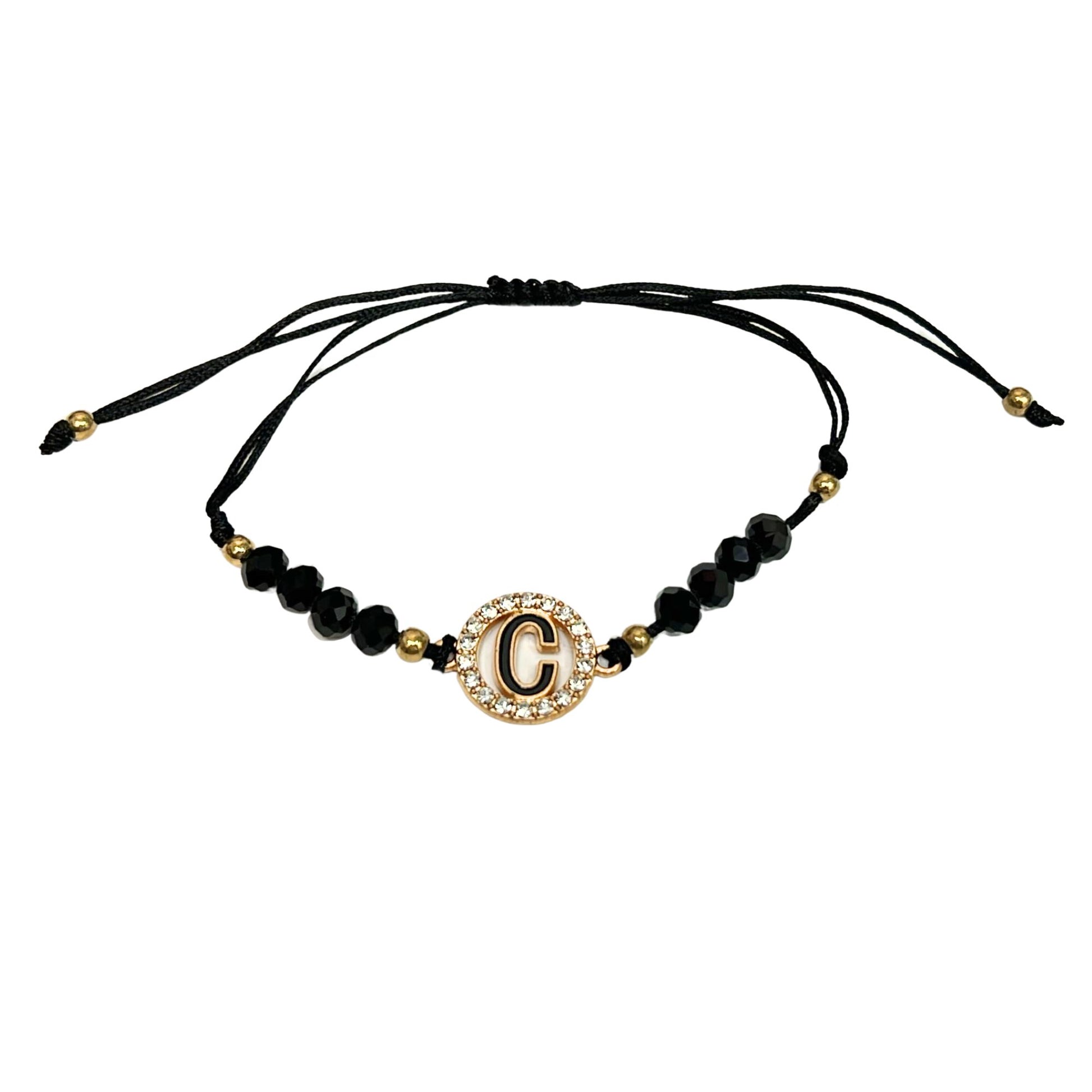 Beaded Black Bracelet with Gold Rhinestone Alphabet Letters