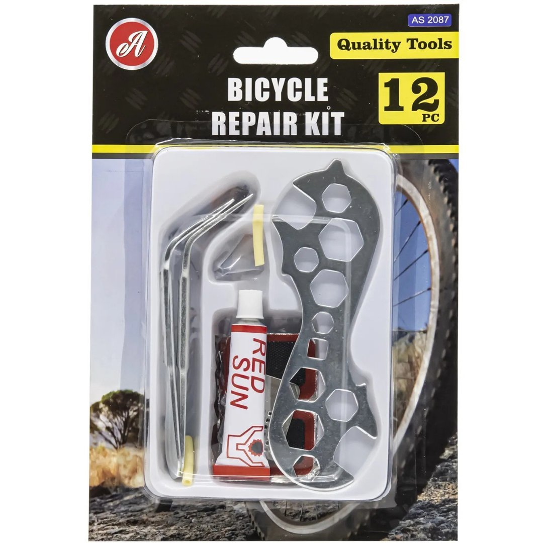 Bike Tire Repair Kit Bicycle Cycle Tube Puncture Patch Levers Spanner Tool: 12 Pc Set Bicycle Tools main product image