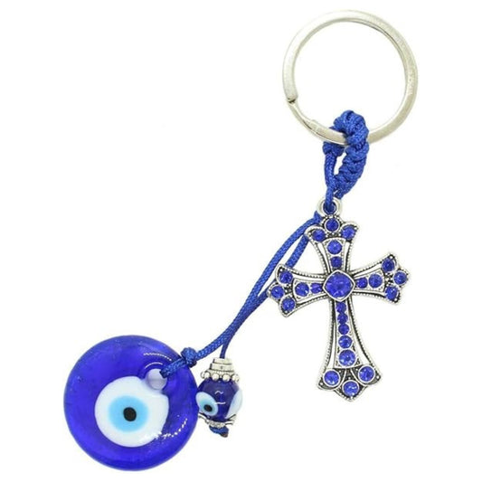 Lucky Charm Cross & Evil Eye Keychain – Rhinestone Accent