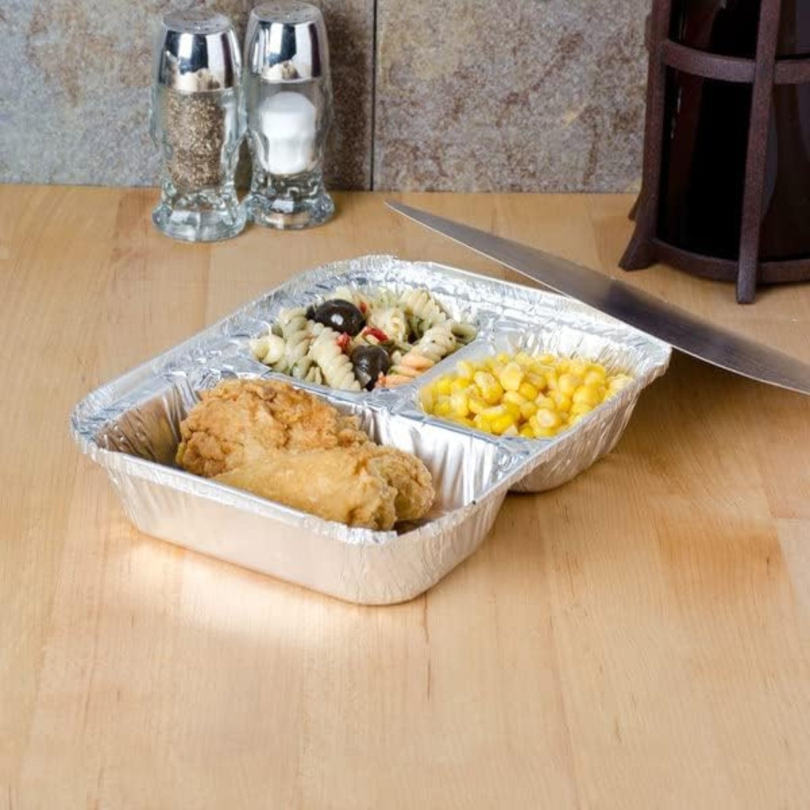 Disposable 3 Compartment Aluminum Dinner Foil Pan/Tray with Board Lids: 3 Pack Oblong Pans & Lids Aluminum Baking product