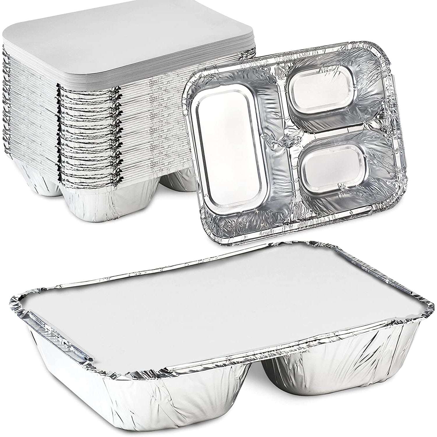 Disposable 3 Compartment Aluminum Dinner Foil Pan/Tray with Board Lids: 3 Pack Oblong Pans & Lids Aluminum Baking size and