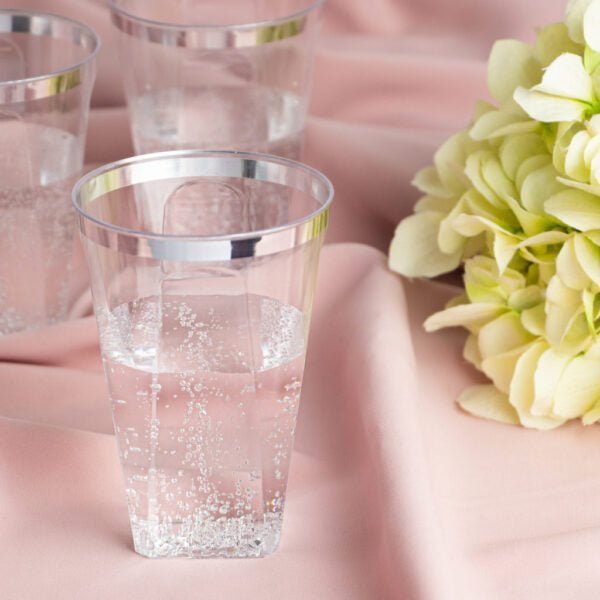 Disposable Plastic Clear 10oz Silver Rim Square Bottom Tumblers:6 Pack Kitchen Catalog,Tumblers product detail image