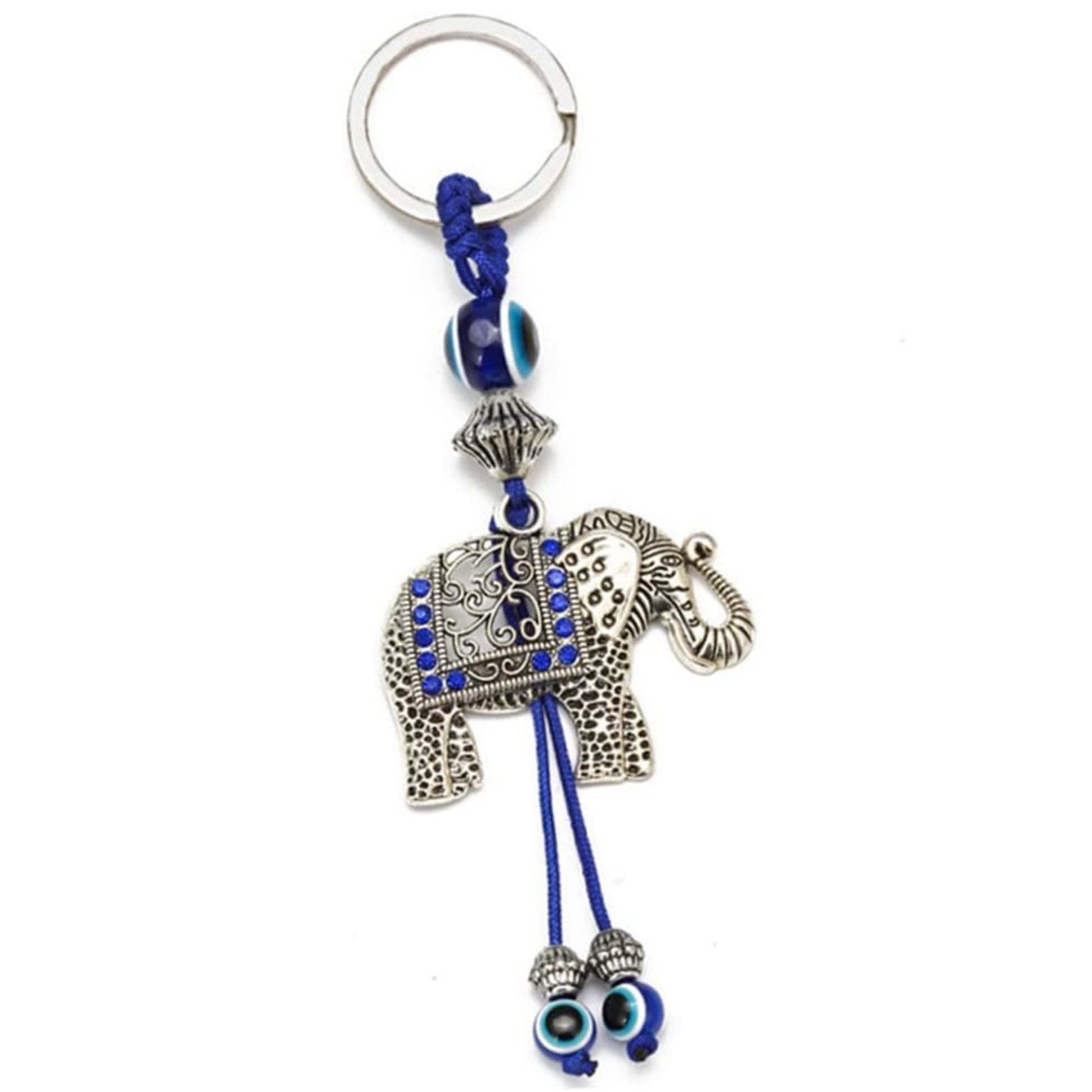 Lucky Elephant & Evil Eye Keychain – Blue Tassel Charm