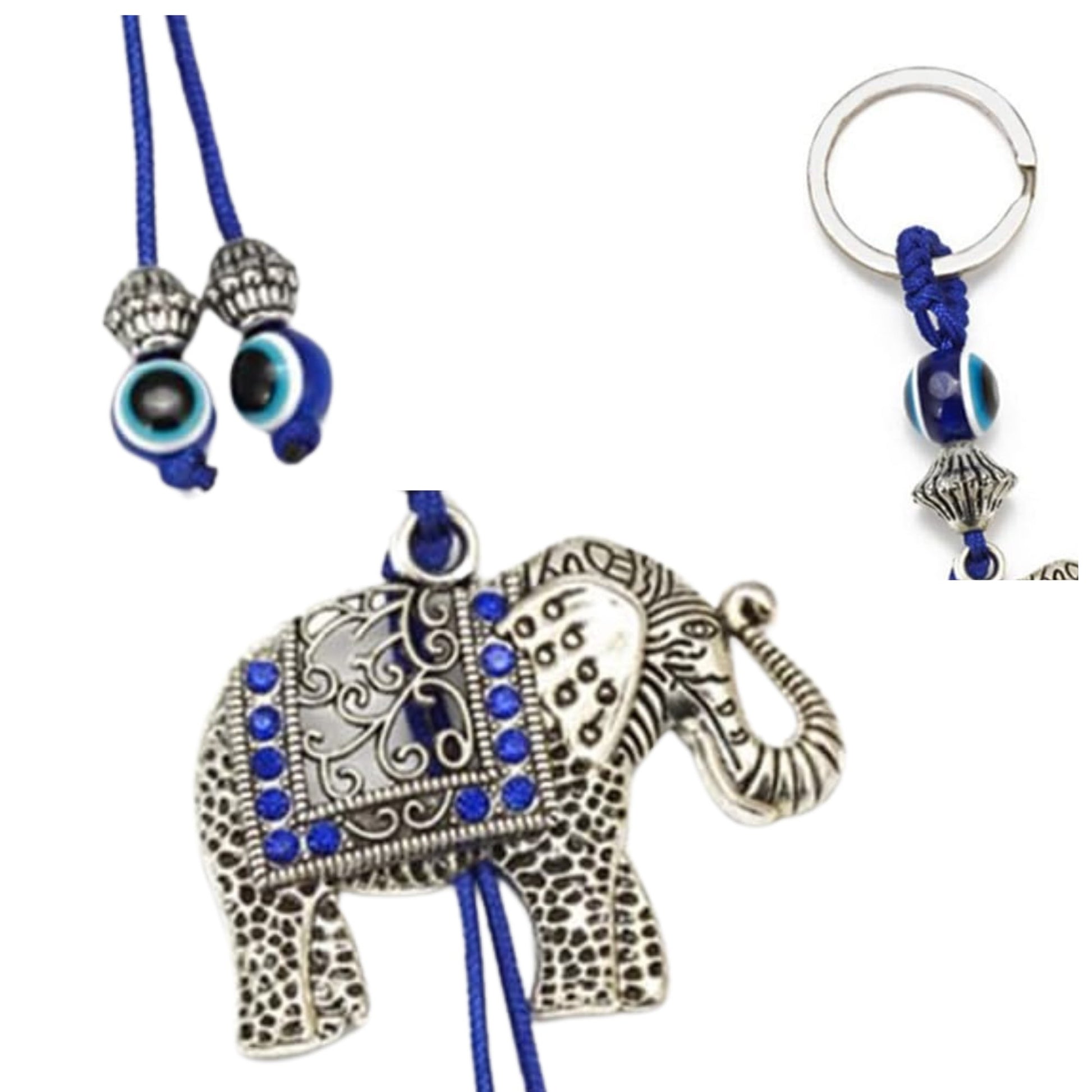 Lucky Elephant & Evil Eye Keychain – Blue Tassel Charm