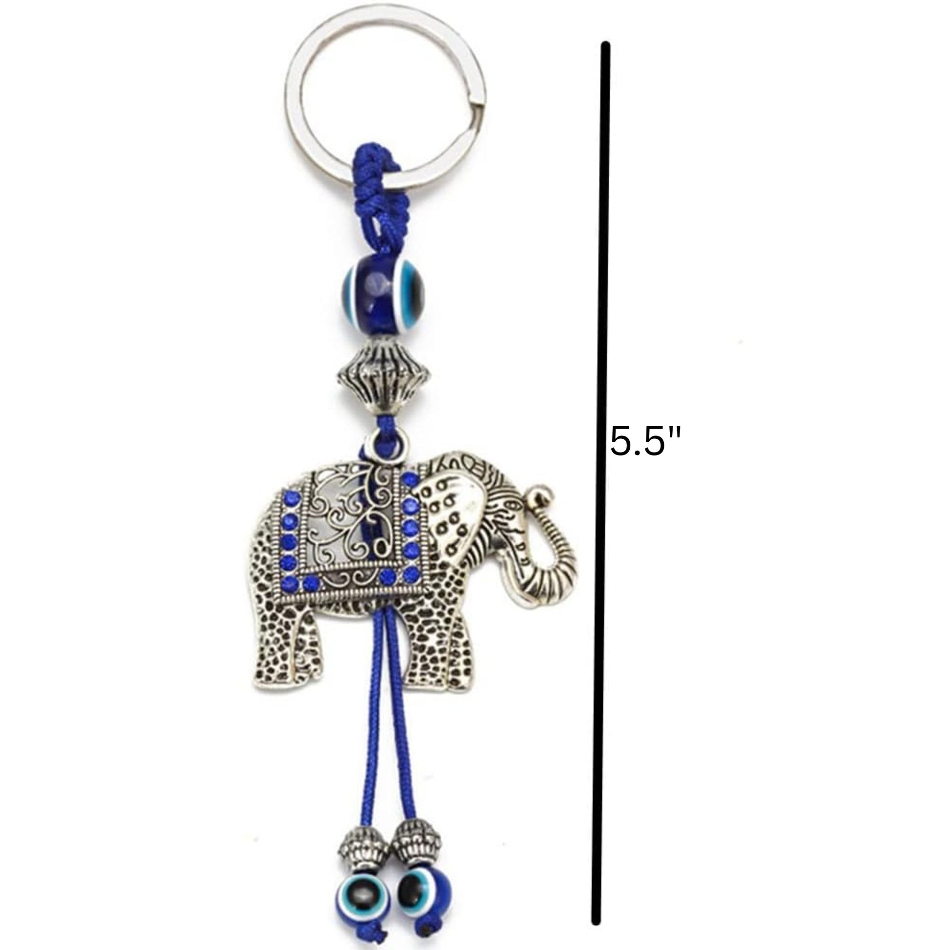 Lucky Elephant & Evil Eye Keychain – Blue Tassel Charm