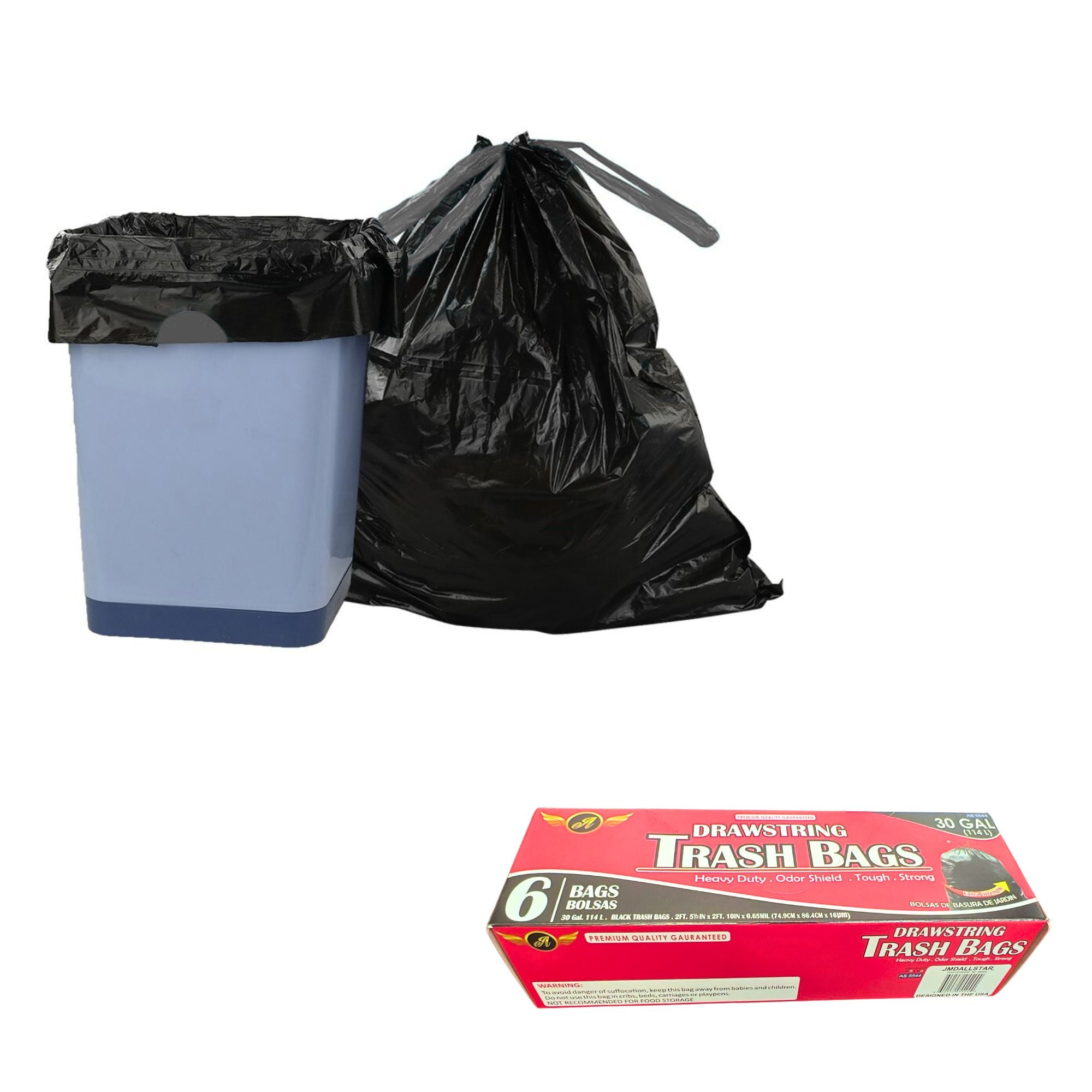 30 Gallon Drawstring Garbage Bags: 6 Pack Trash size and feature image
