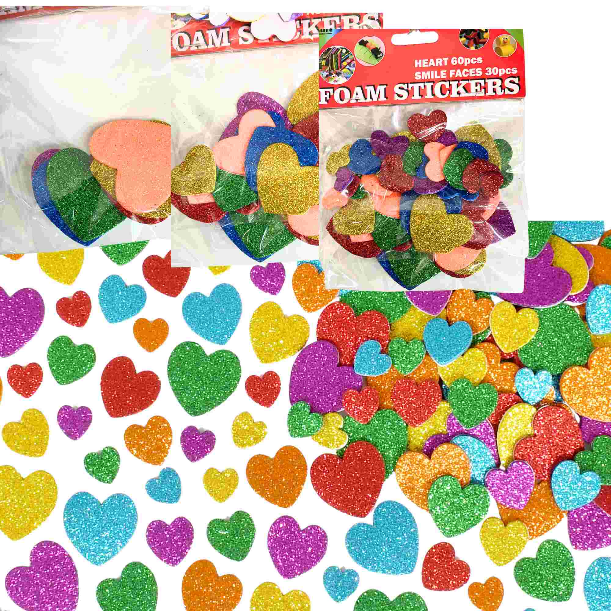 3 Sizes Glitter Foam Heart Stickers: 60 Pack Glitter Foam Stickers DIY size and feature image
