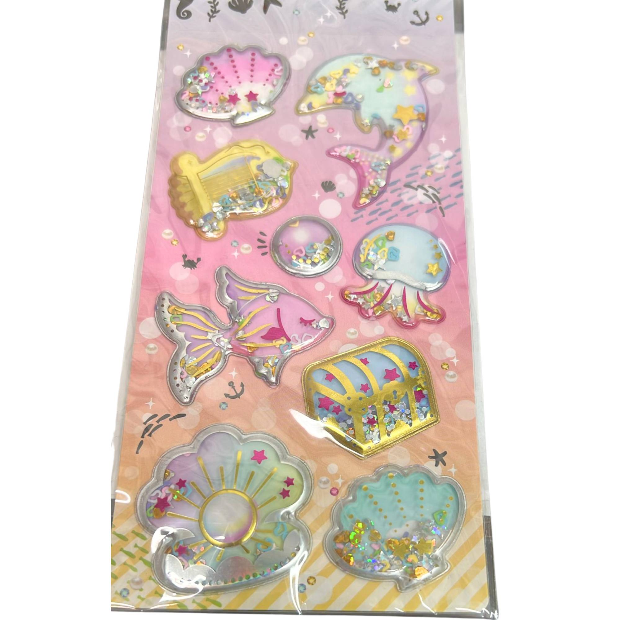 Puffy Glitter Sprinkle Shaker Kawaii Ocean Theme Sticker Sheet: 1 Pack DIY School Stickers size and feature image
