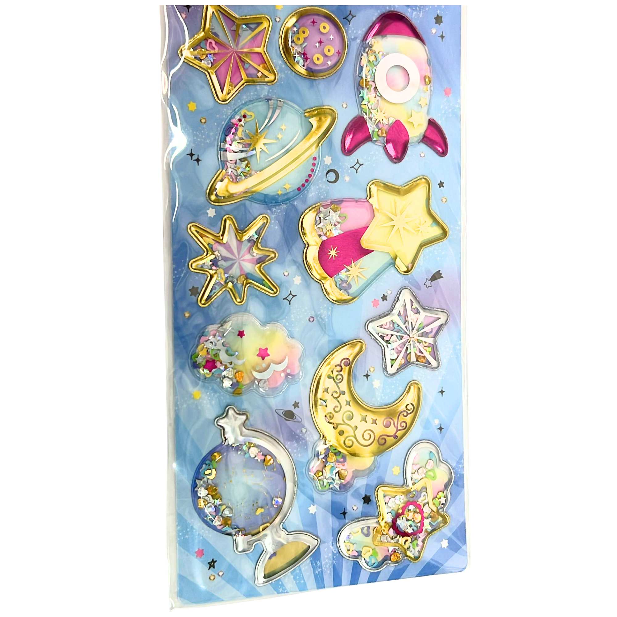Kawaii Space Theme Puffy Glitter Sprinkle Shaker Sticker Sheet: 1 Pack DIY School Stickers size and feature image