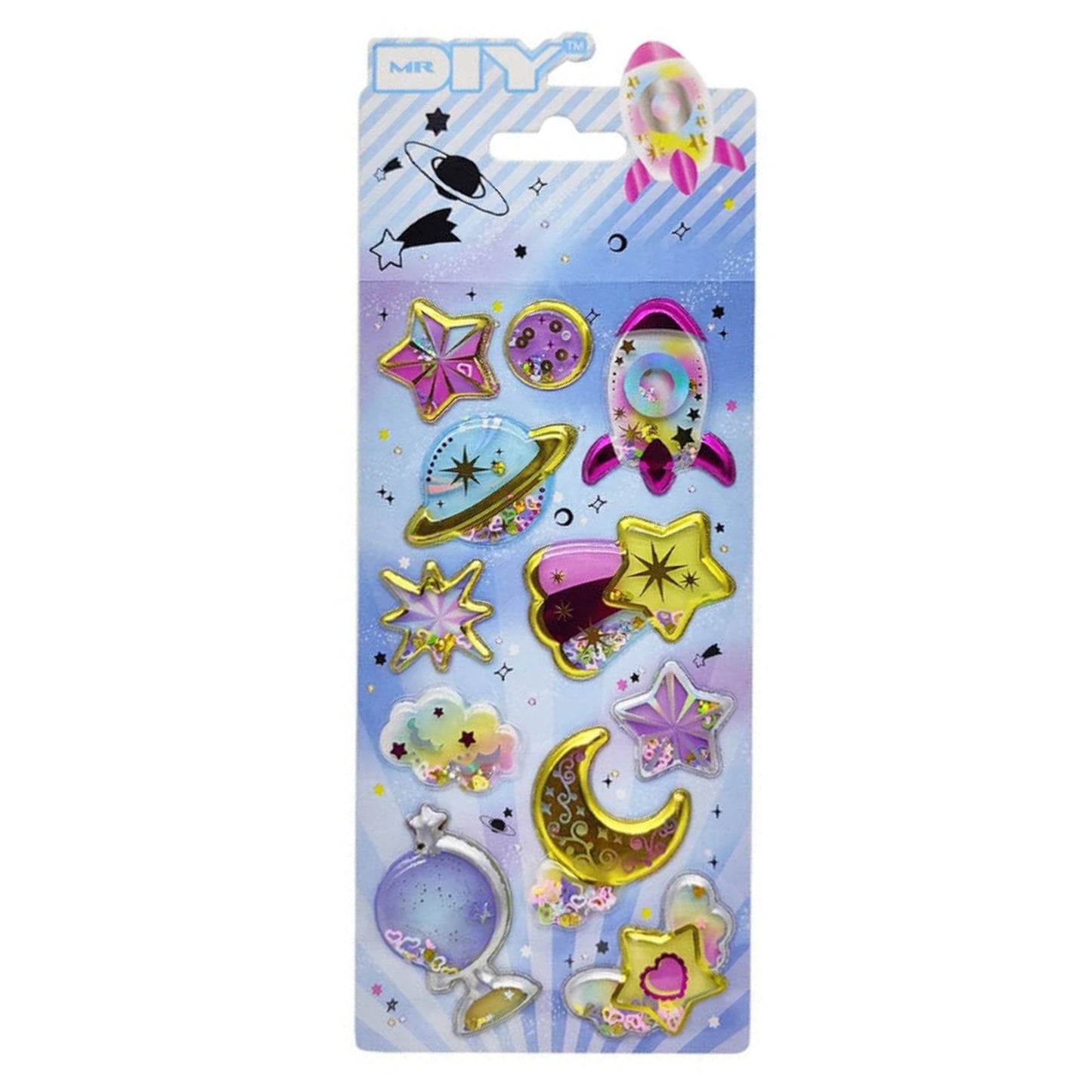 Kawaii Space Theme Puffy Glitter Sprinkle Shaker Sticker Sheet