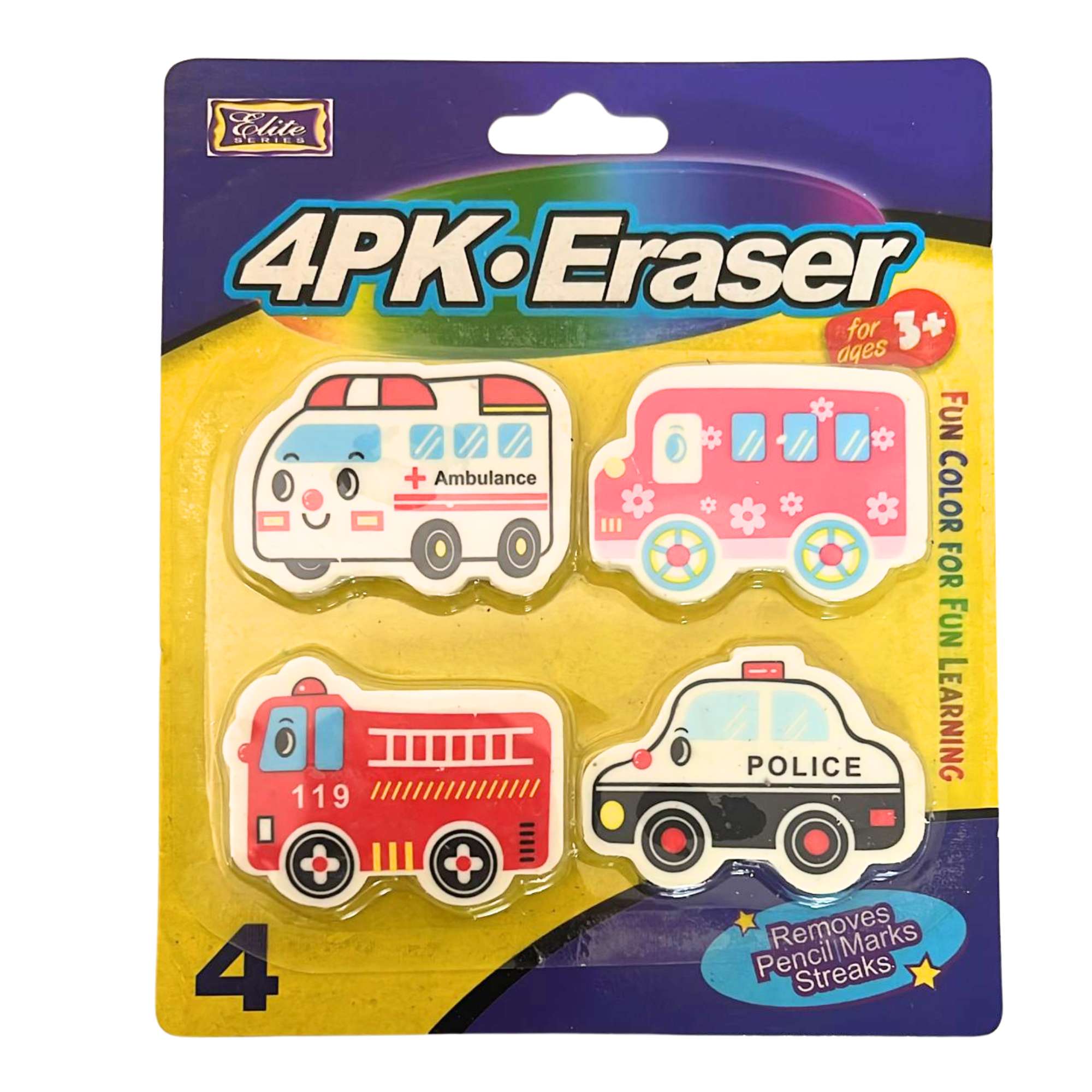 Non Toxic Erasers Ambulance, School Bus, Police Car & Fire Brigade Shapes: 4 Pack main product image