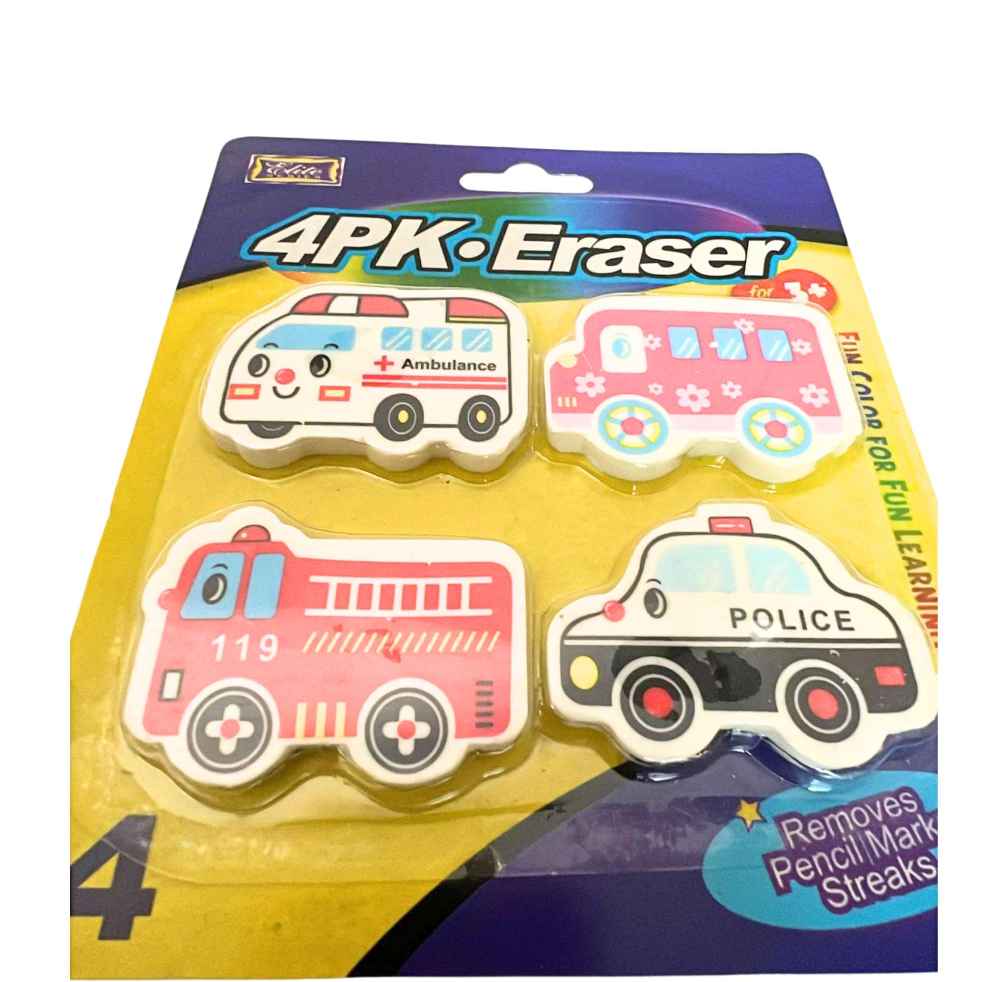 Non Toxic Erasers Ambulance, School Bus, Police Car & Fire Brigade Shapes: 4 Pack product detail image
