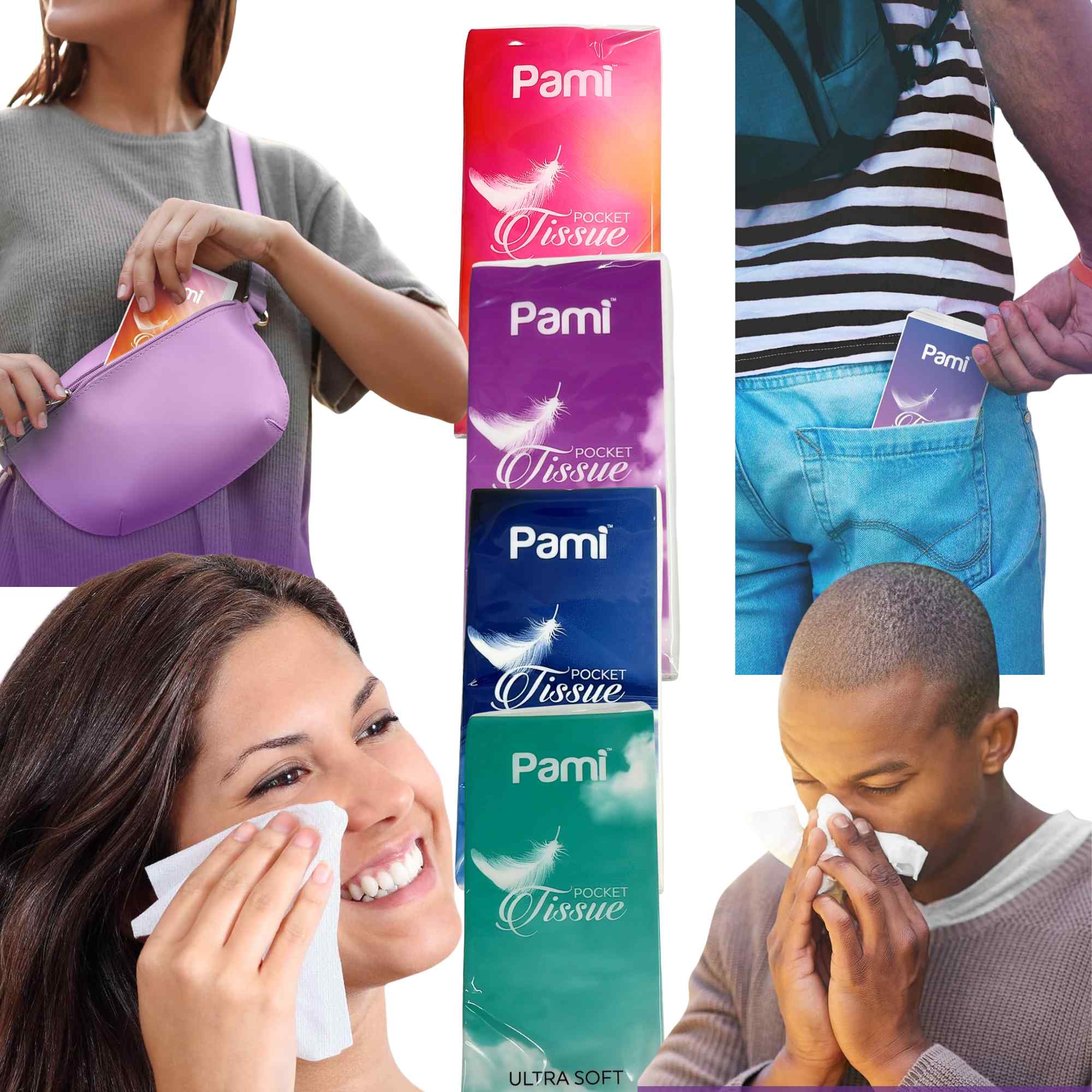 PAMI Ultra Soft 3 Ply Portable Pocket Tissues: 4 Packs Facial Tissues product detail image