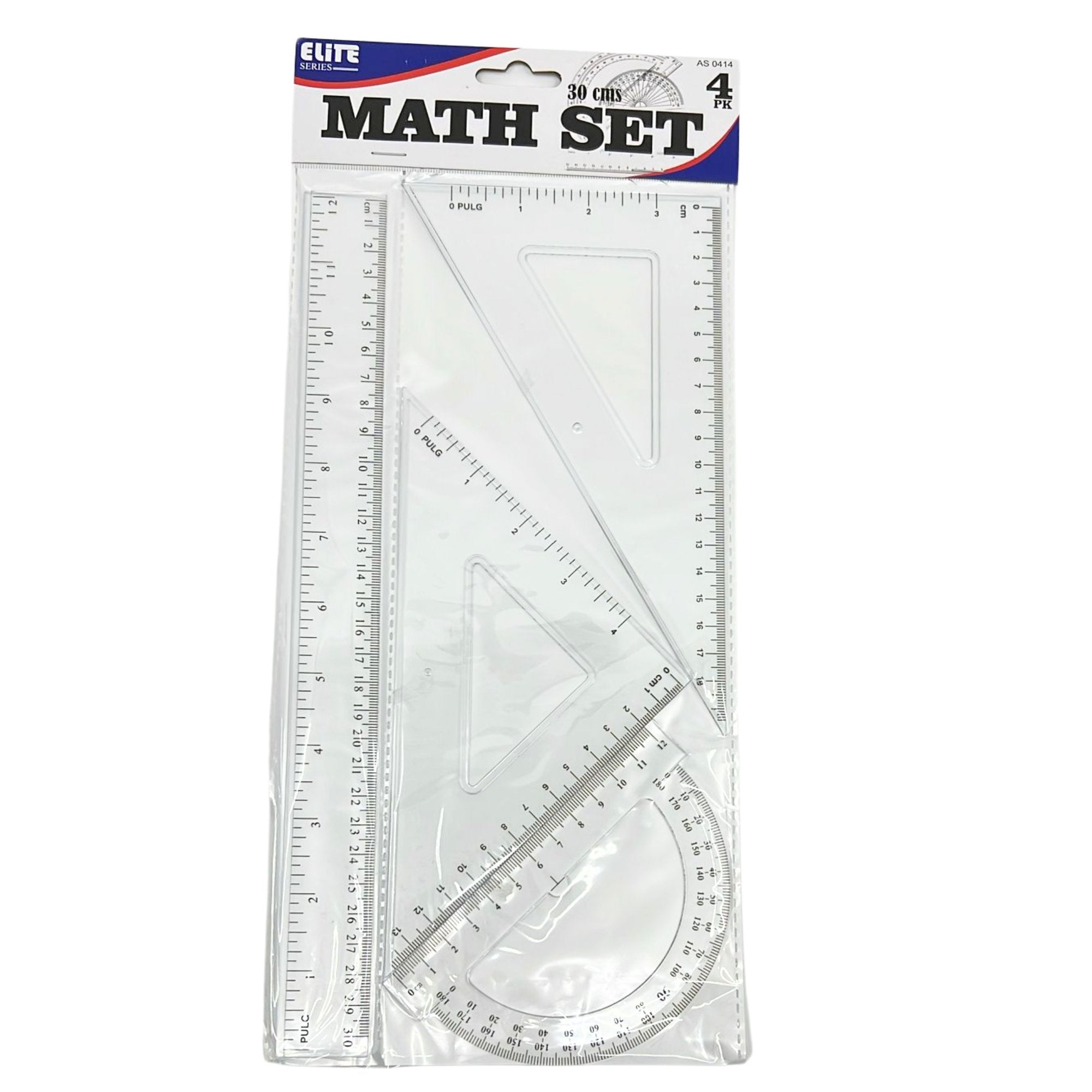 Plastic Math Set – 12" / 30 cm Ruler, Protractor, and Triangles: 4 Pack main product image