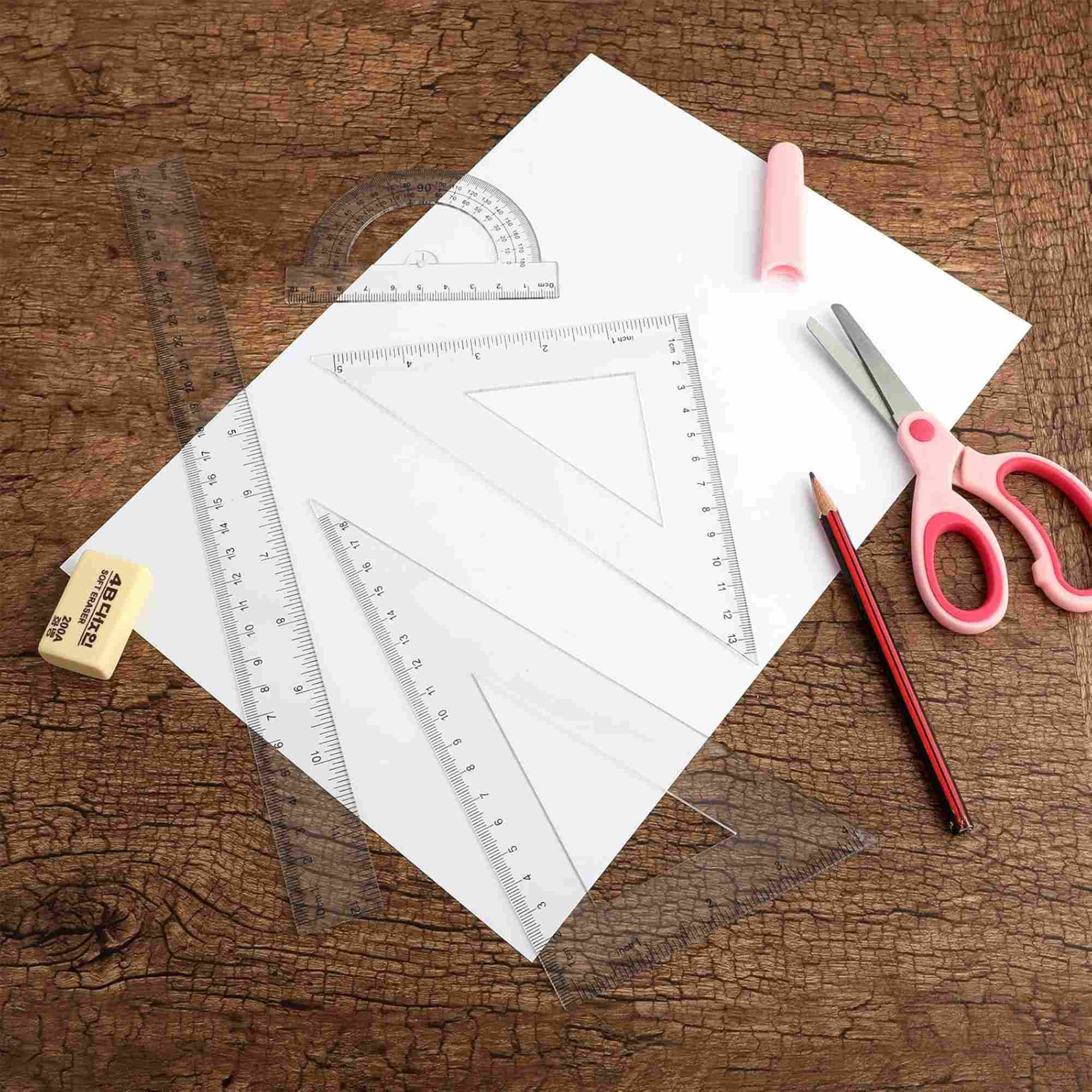 Plastic Math Set – 12" / 30 cm Ruler, Protractor, and Triangles: 4 Pack lifestyle use image