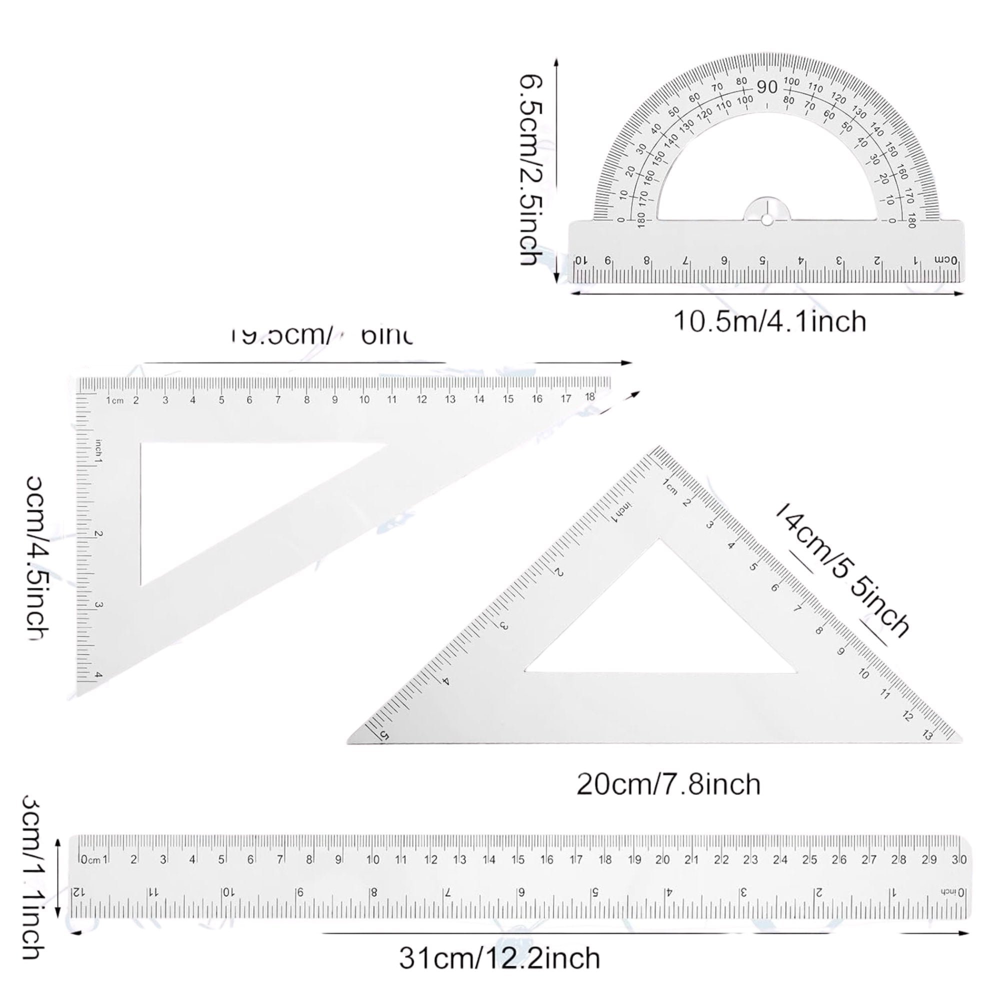 Plastic Math Set – 12" / 30 cm Ruler, Protractor, and Triangles: 4 Pack product detail image