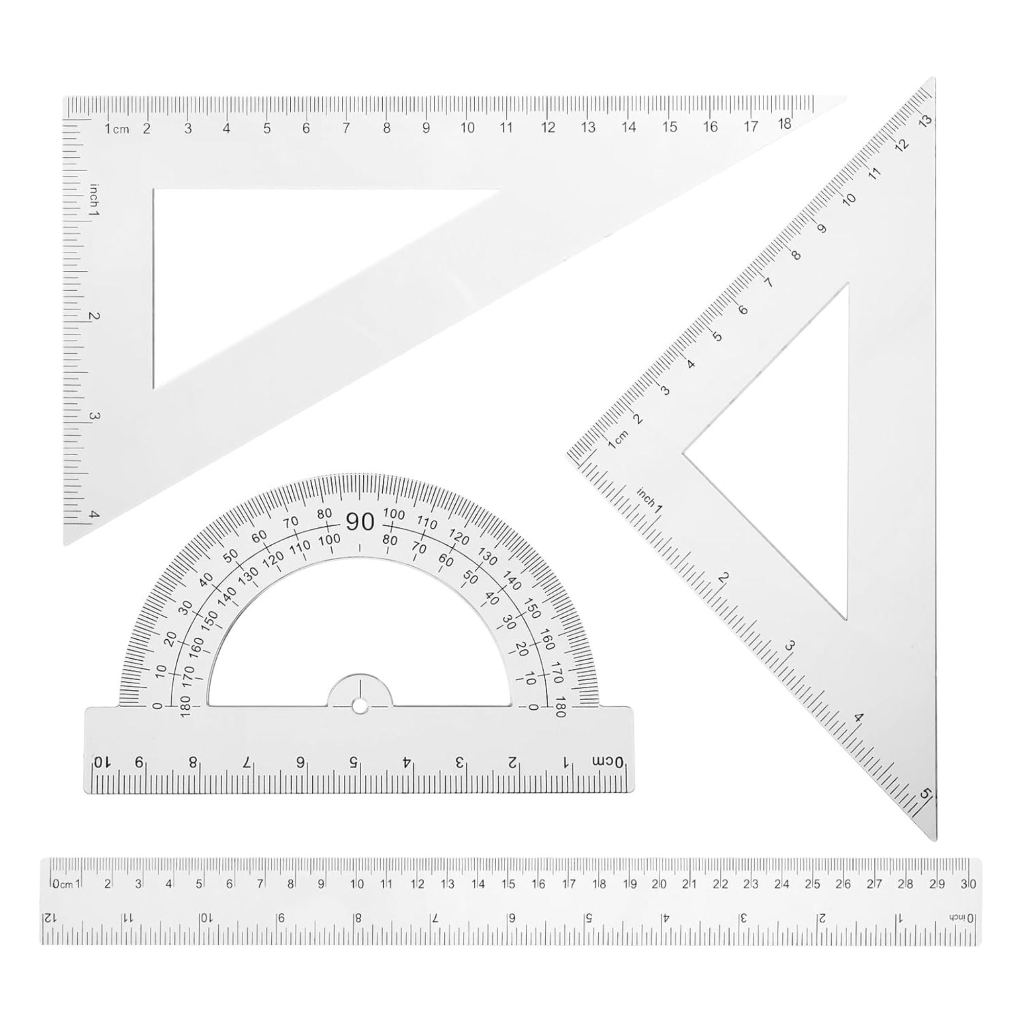 Plastic Math Set – 12" / 30 cm Ruler, Protractor, and Triangles: 4 Pack size and feature image