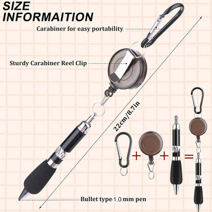 Clip-On Ballpoint Pen with Carabiner Keychain and Belt Clip Reel