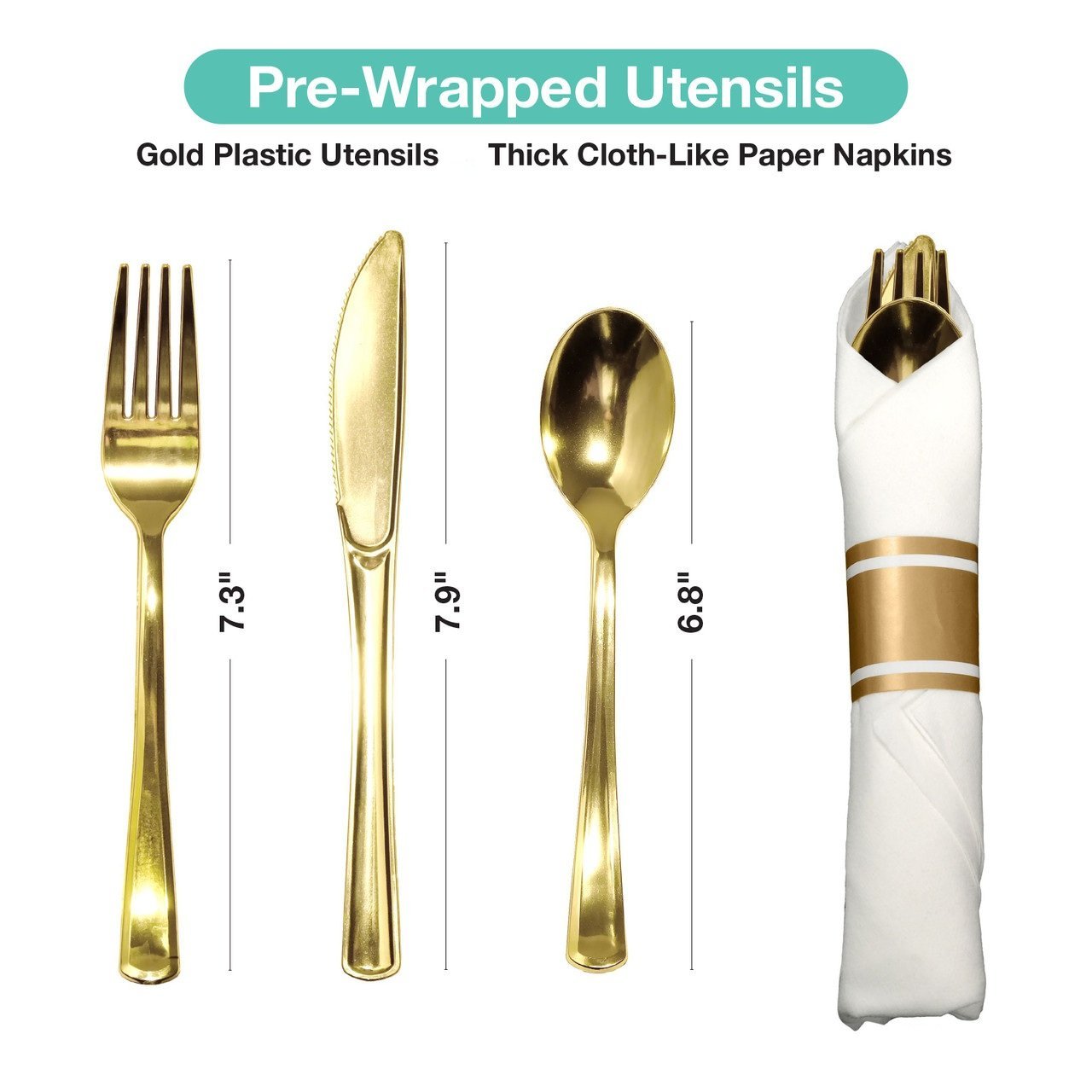 Pre Rolled set Cutlery Combo Spoon, Knife, Forks and Napkin Polished Gold: 4Pc Set Disposable Utensils product detail image
