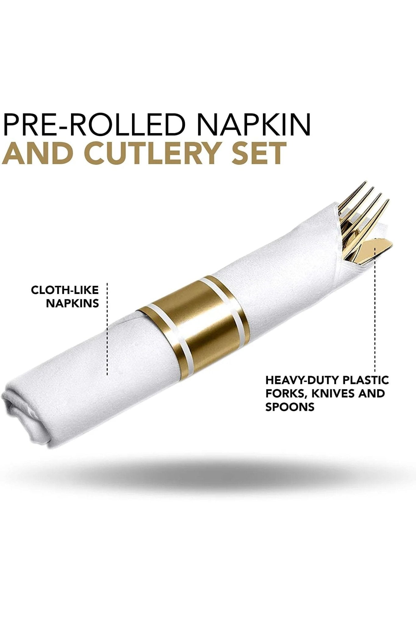 Pre Rolled set Cutlery Combo Spoon, Knife, Forks and Napkin Polished Gold: 4Pc Set Disposable Utensils size and feature image