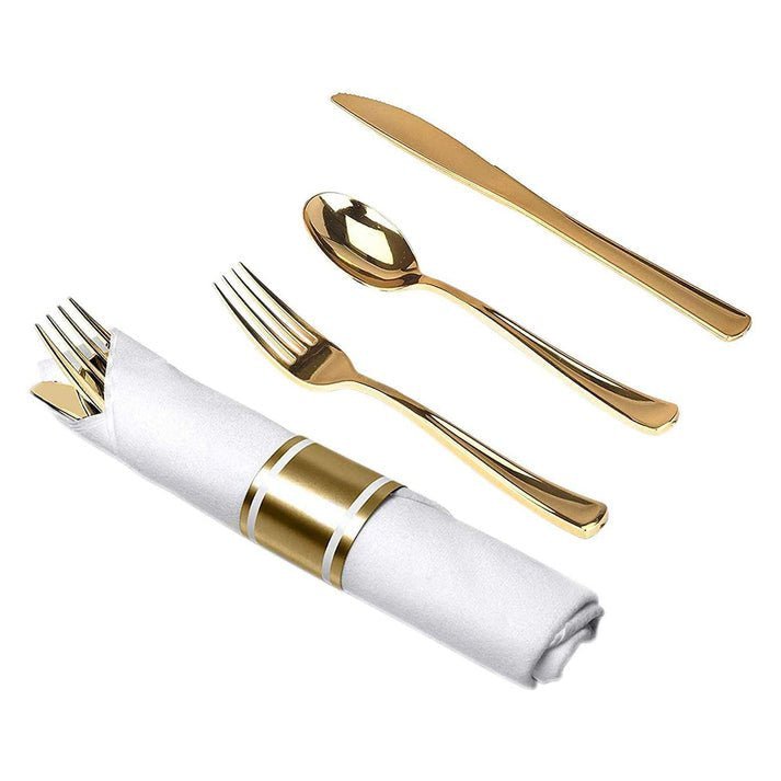 Pre Rolled set Cutlery Combo Spoon, Knife, Forks and Napkin Polished Gold: 4Pc Set Disposable Utensils lifestyle use image