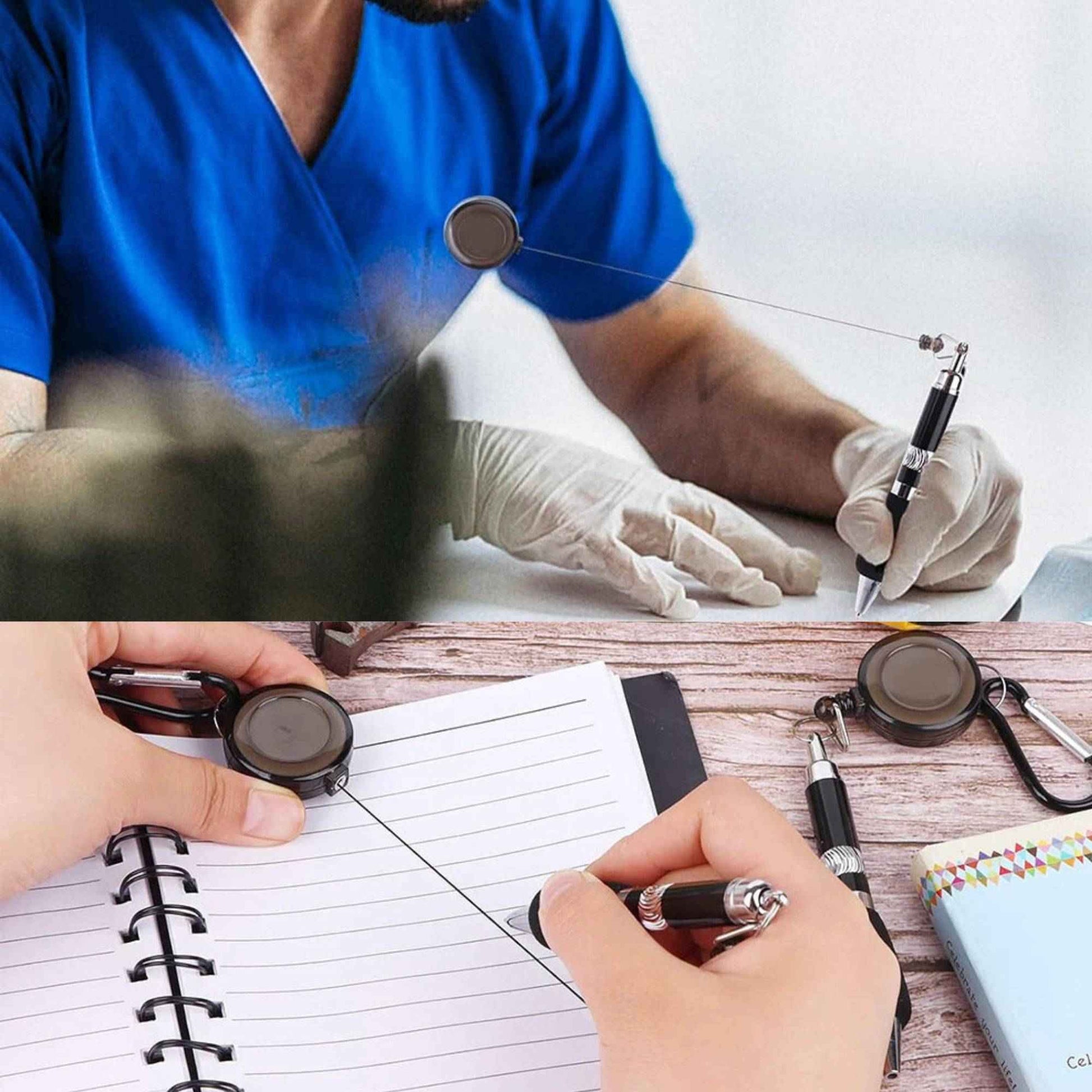 Clip-On Ballpoint Pen with Carabiner Keychain and Belt Clip Reel