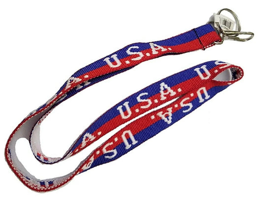 Lanyard with 'U.S.A.' text in red, white, and blue on a white background