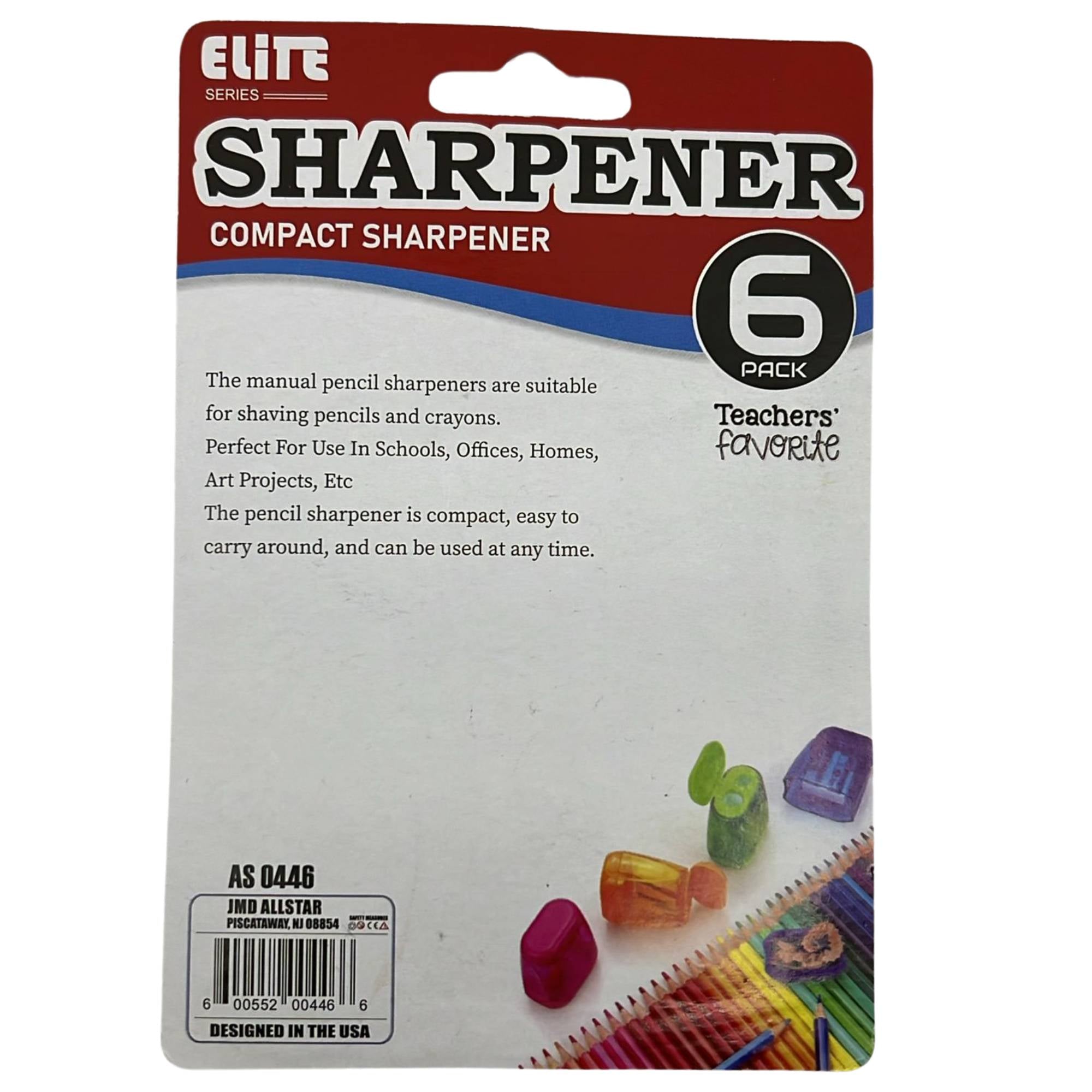 Single Hole Assorted color Compact Pencil Sharpeners: 6 Pack size and feature image
