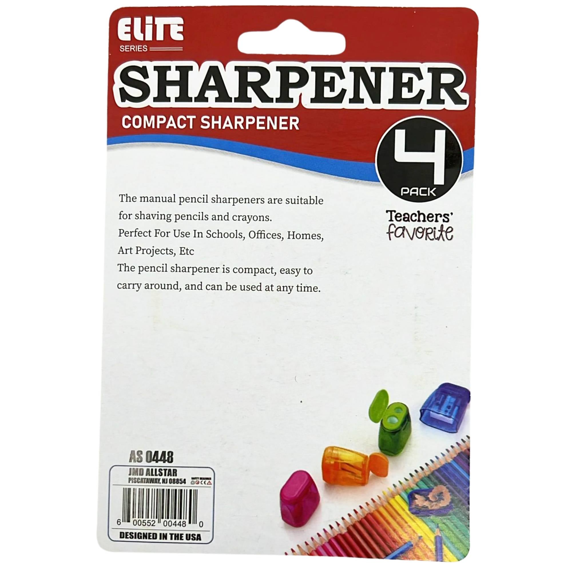 Single Hole Assorted Color Compact Pencil Sharpeners: 4 Pack size and feature image
