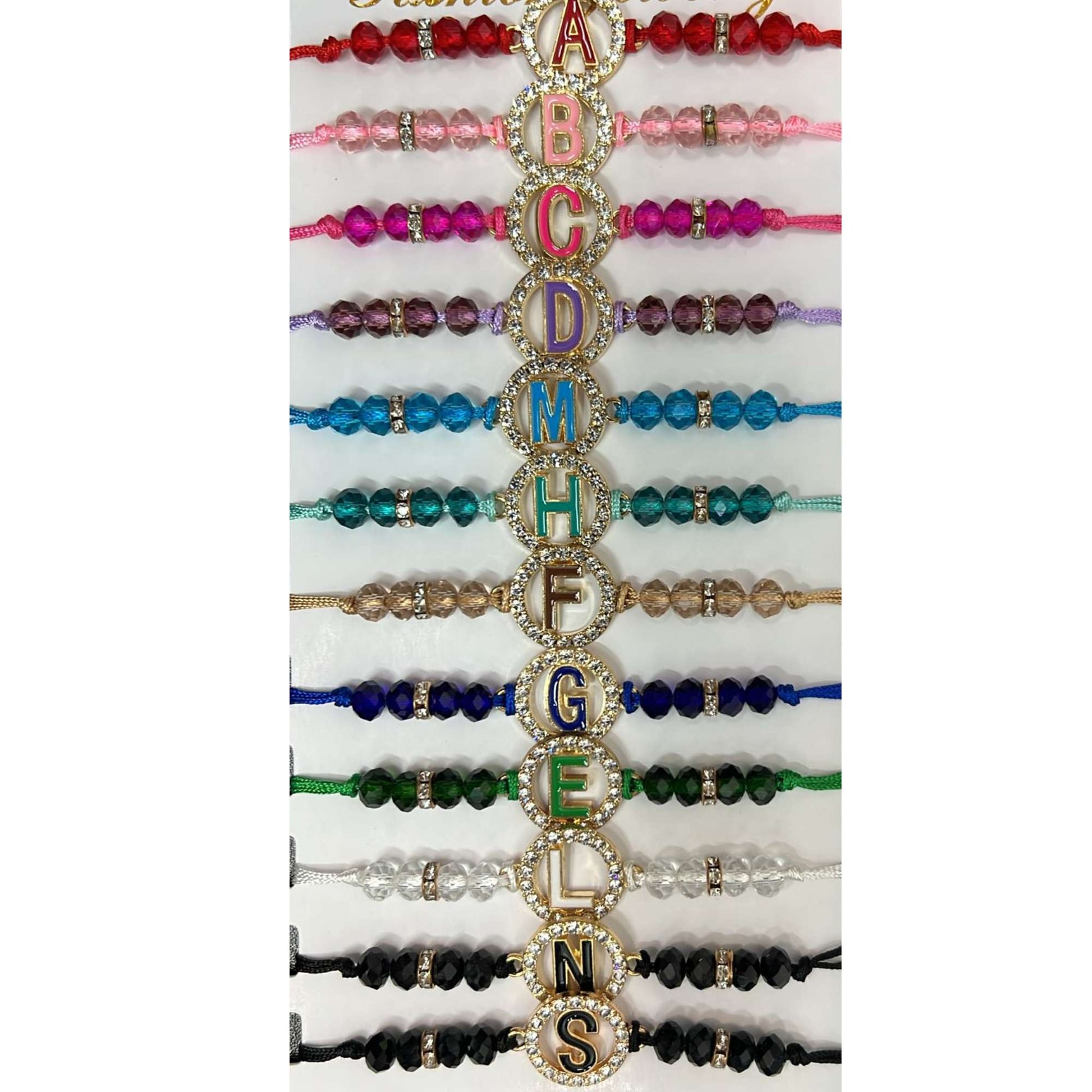 Unisex  Beaded Colored Bracelet with Gold Rhinestone Alphabet Letters 