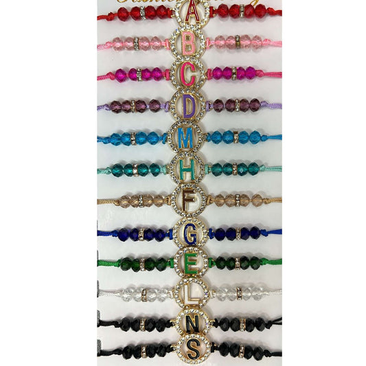 Unisex  Beaded Colored Bracelet with Gold Rhinestone Alphabet Letters 