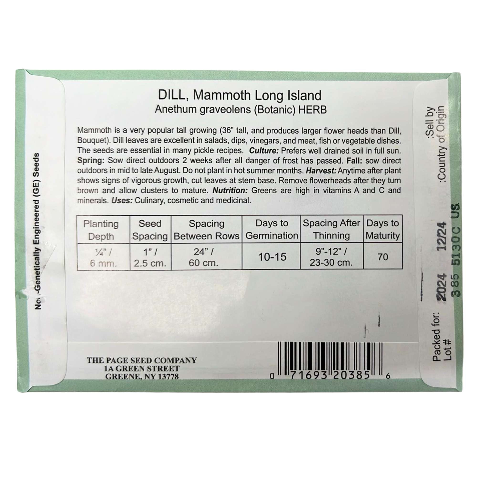 Valley Greene 350g Dill Mammoth Long Island Seeds: 2 Pack size and feature image