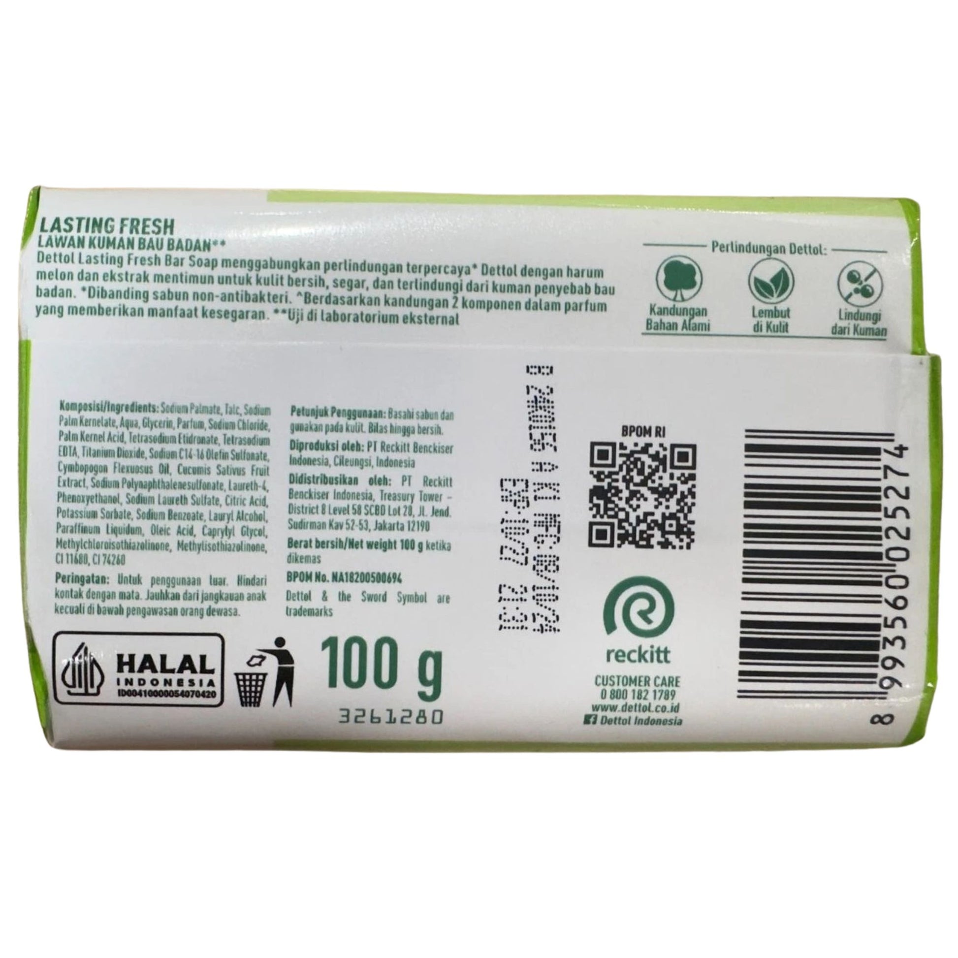 Back of a soap bar packaging with text, QR code, and barcode on a white background