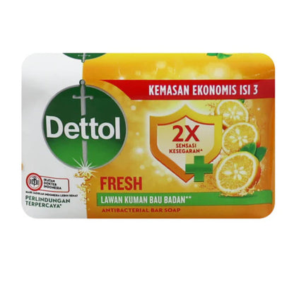 Dettol Fresh antibacterial bar soap packaging with lemon slices on a white background