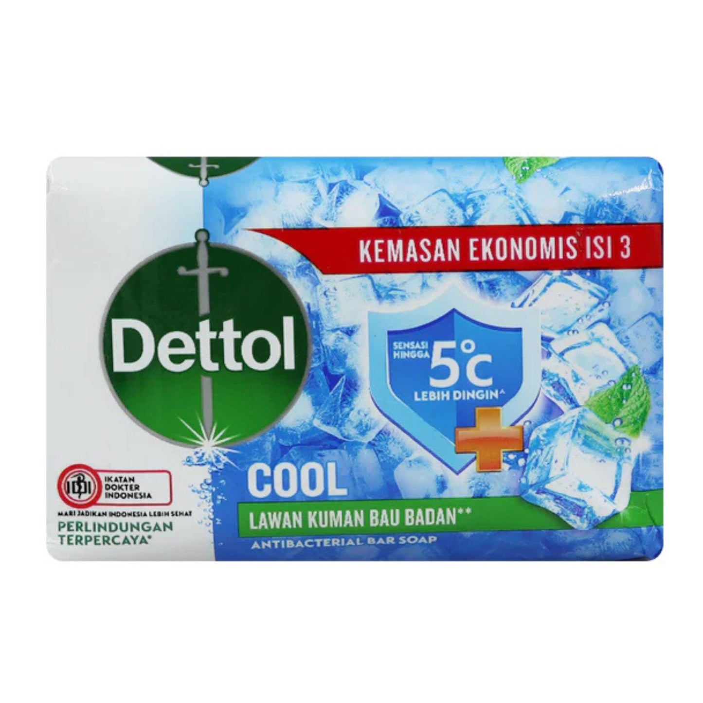 Dettol Cool antibacterial bar soap packaging with ice cube design on a white background