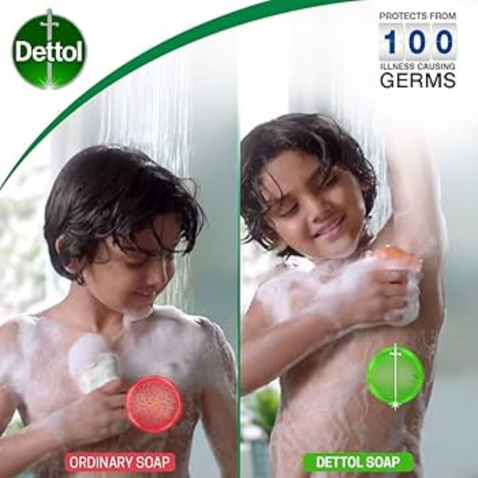 Advertisement showing a child using Dettol soap to wash themselves, with text highlighting germ protection.