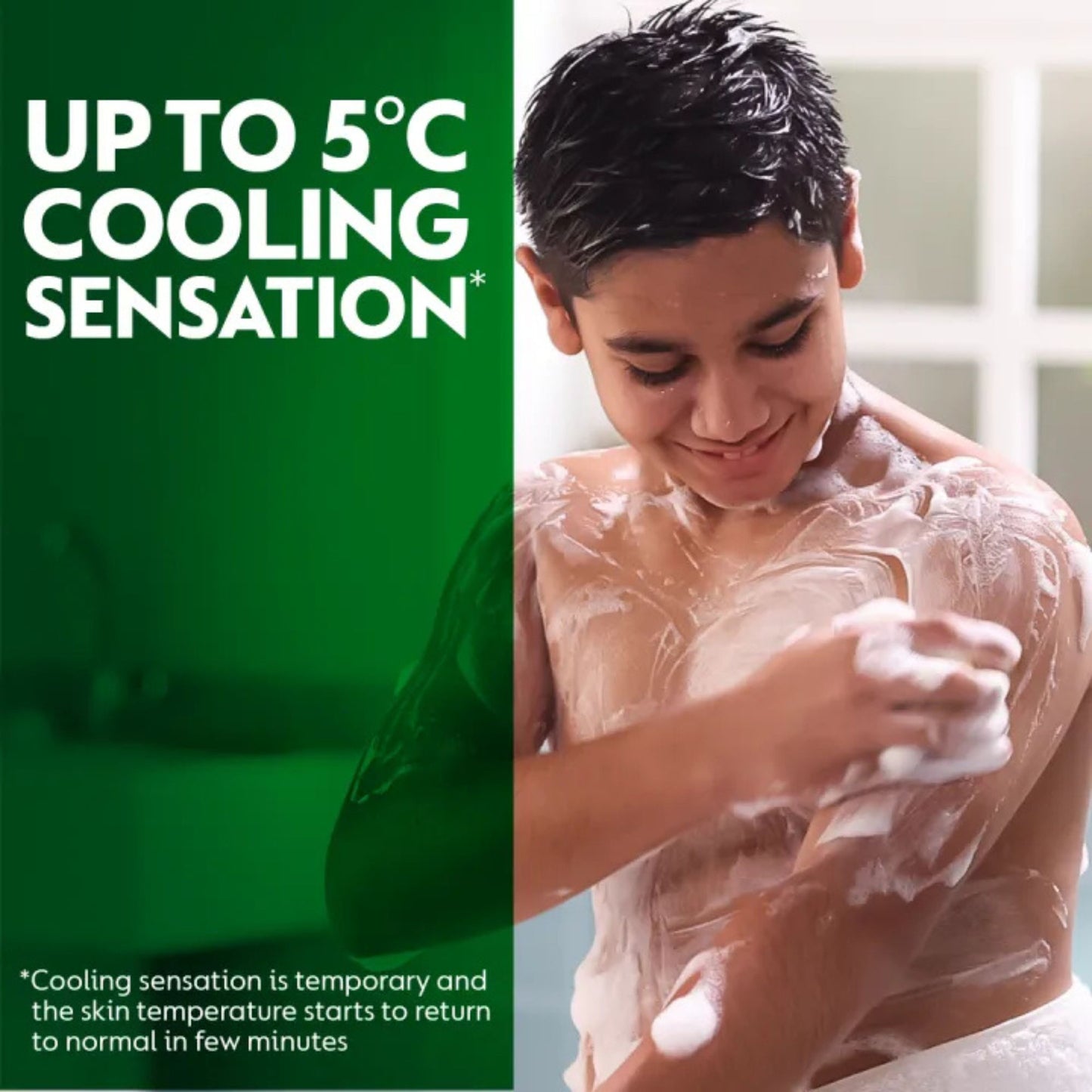 Person showering with a text overlay about cooling sensation